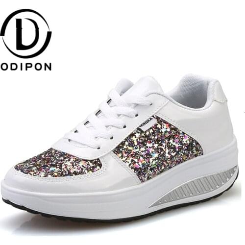 Women Rocking Shoes Shiny Lace-up Platform Sneakers Leather Height Increrasing Women Shaky Outdoor Sport Shoes Female Gym Shoes