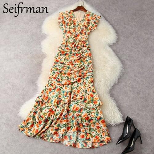 Seifrmann New 2021 Summer Women Fashion Runway Long Dress Sexy V-Neck Ruffles Floral Print Elegant Lady Holiday Dress Vestidos