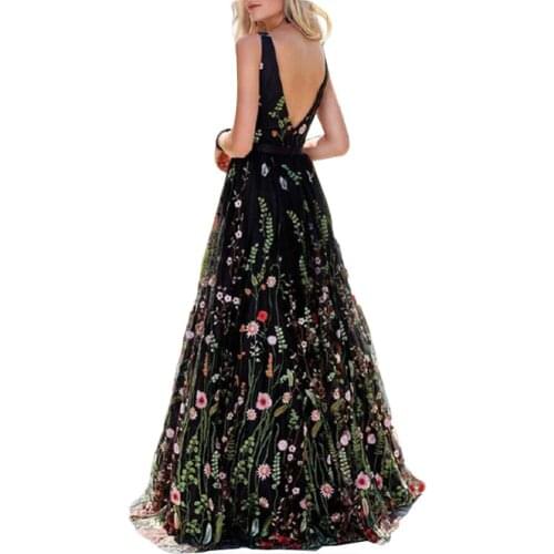 Hot Boho Elegant Dresses Women Sexy Sleeveless Backless Deep-V Embroider Floral Print Party Maxi Dress