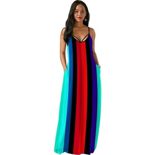 S-XXL Spaghetti Strap Maxi Dress stripe Loose Long Dresses Sundress for Womens
