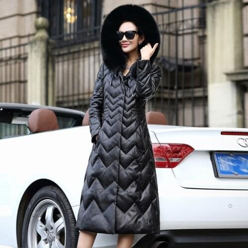 Winter 2020 Womens Down Genuine Leather Jacket Real Fox Fur Collar Hooded Long Natural Sheepskin Coats Plus Size 8719