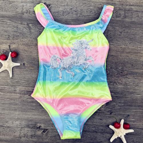 3-8 Years Baby Girl One Piece Swimsuit Kids Unicorn Embroidered Toddler Girls Bathing Suit Silver Stamping Childrens Swimwear
