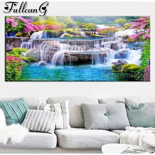 FULLCANG Spring natural scenery waterfall 5d diy full square round drill large diamond painting mosaic embroidery sale FC2500
