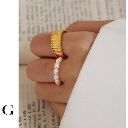 GHIDBK Statement Minimalist Irregular Vertical Stripes Stainless Steel Rings Natural Freshwater Pearls Ring Chic Wedding Jewelry