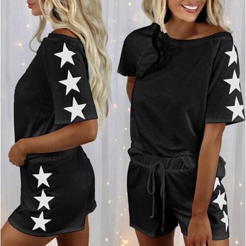 Women Outfit Five-pointed Star Print Drawstring Two-piece O Neck Short Sleeve T-shirt Shorts Set for Sports