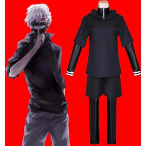 Anime 6-Piece Set Tokyo Ghoul Ken Kaneki Cosplay Costume Full Set Black Leather Fight Uniform Halloween Costume With Mask Wig