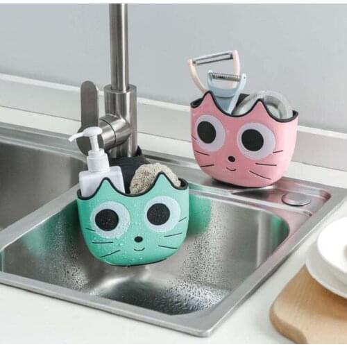 Cute Cat Shape Sink Shelf Soap Sponge Drain Rack Bathroom Holder Kitchen Storage Suction Cup Kitchen Organizer Sink kitch
