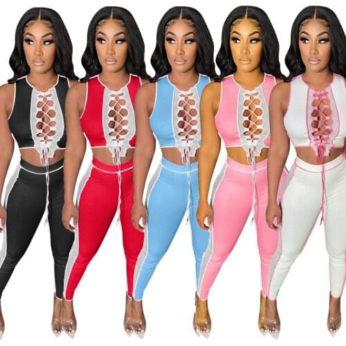 Casual Knitted Rib Sheer Mesh Patchwork 2 Piece Outfits Sexy V Neck Bandage Crop Top Leggings Slim Two Piece Set Club Outfits