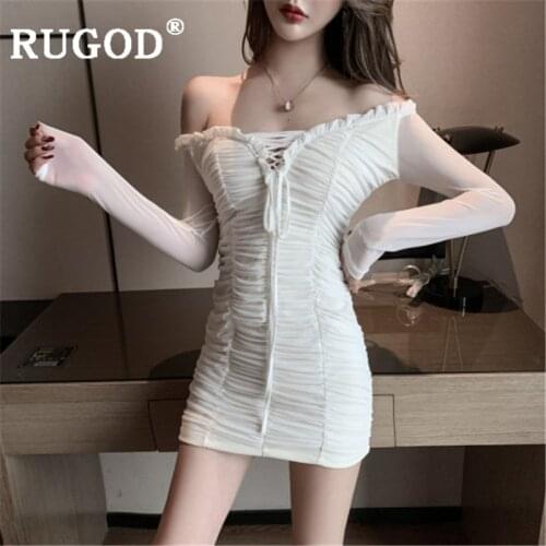 RUGOD Sexy Off Shoulder Mini Women Dress Vintage Ruffles Mesh Sleeve Tunic Party Dresses Vestidos Spring Bodycon Ladies Dresses