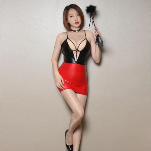 Sexy Women Cosplay Bandage Hollow Out Micro Mini Dress Backless Deep V Tight Pencil Dress PU Patchwork Bodycon Dress Clubwear