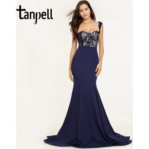 Tanpell straps long evening dress dark royal blue lace sleeveless floor length gown cheap formal prom mermaid evening dresses
