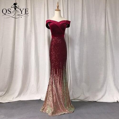 Off Shoulder Deep Red Evening Dress Mermaid Burgundy Prom Gown Velvet Party Dress Fading Sequin Formal Gown Fit Celebrity Dress
