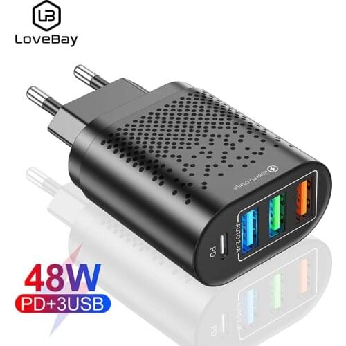 Lovebay 48W PD 4 Port USB C Charger Type C Charge QC3.0 USB-C Charger USB Fast Charging For iPhone 12 11 Xiaomi Travel Charger