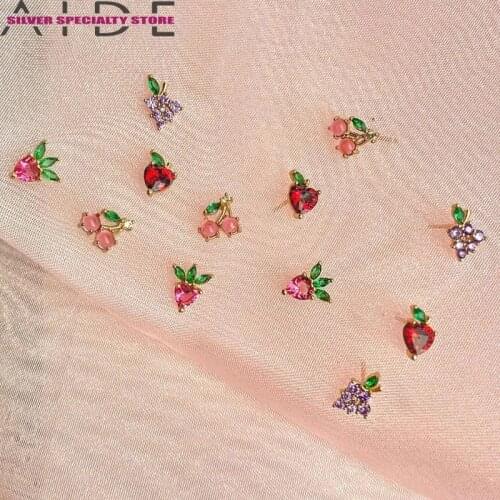 Aide S925 Silver Colorful Fruit Earrings Cherry Strawberry Banana Crystal Stud Earrings For Women Girls Helix Piercing Earrings