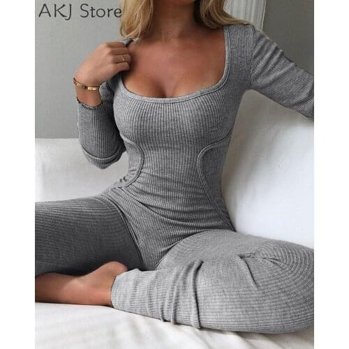 2021 Women Long Sleeve Square Neck Solid Color Home Wear Jumpsuit