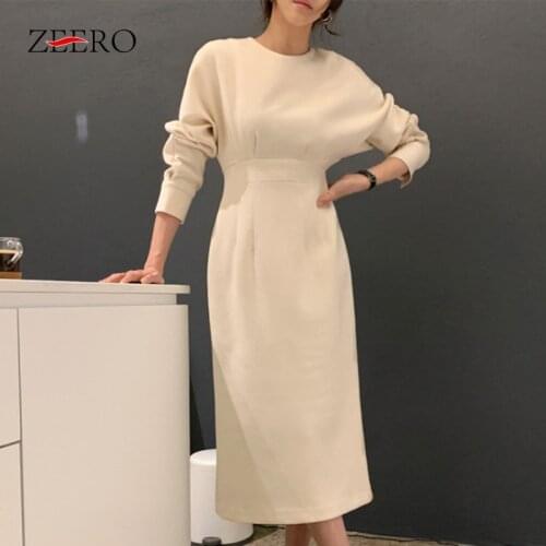 Spring Autumn Women Solid Color Puff Sleeve Straight Midi Dress Lady Vintage Belt High Waist Slim Pleated Irregular Dresses