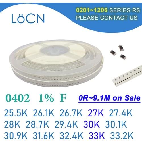 0402 1% 10000PCS SMD Resistor F 25.5K 26.1K 26.7K 27K 27.4K 28K 28.7K 29.4K 30K 30.1K 30.9K 31.6K 32.4K 33K 33.2K 1005 OHM