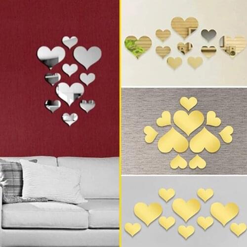 10Pcs/Set Love Hearts Wall Sticker Acrylic Mirror Wall Sticker Decal DIY Background Wall Removable Paster Home Decoration