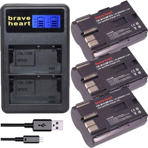 3x 7.4v 2650mah BP-511A BP-511 BP 511 511A BP511 BP511A Battery + LCD USB Charger for Canon EOS 40D 300D 5D 20D 30D 50D camera