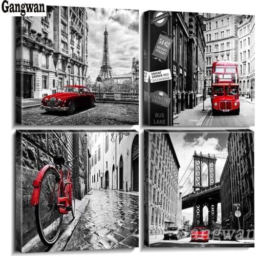 Diamond mosaic 4 pcs decoration Black White City Paris London Buildings Street Red Bus Classic Cars Pictures diamond painting