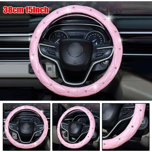 Pink Steering Wheel Cover PU Leather Non-Slip Car Pink 38cm Accessories Auto Steering Wheel Covers Protector Rhinestone Decor