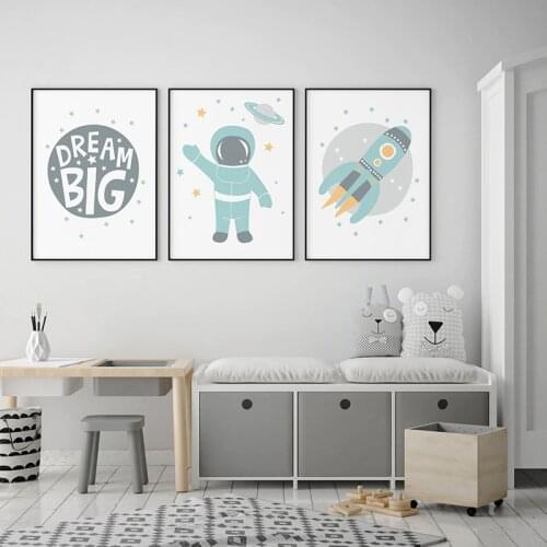 Baby Nursery Wall Art Canvas Painting Astronaut Space Rocket Print Dream Big Scandinavian Poster Nordic Boys Bedroom Decoration