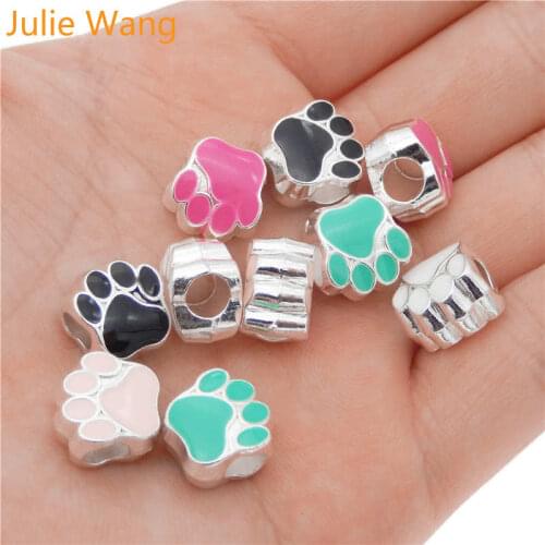 Julie Wang 10PCS Enamel Paw Print Beads Pet Dog Cat Zinc Alloy Spacer Beads European Necklace Bracelet Jewelry Making Accessory