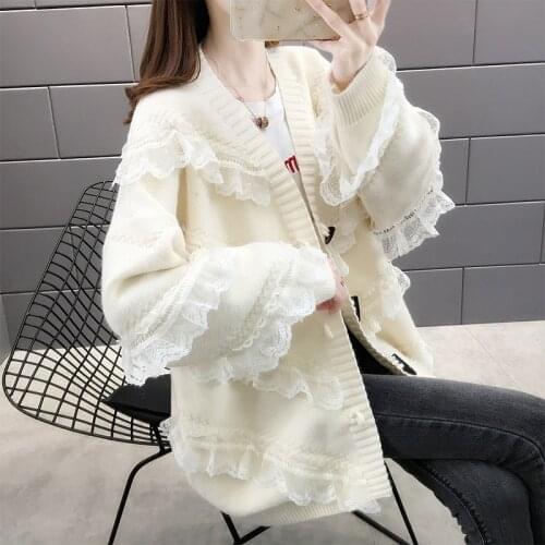 Lace Edge Cardigan Coat 2020 Autumn New Cardigan Knitted Sweater Jacket Women Thick Woolen Korean Style Loose Sweater AA5533