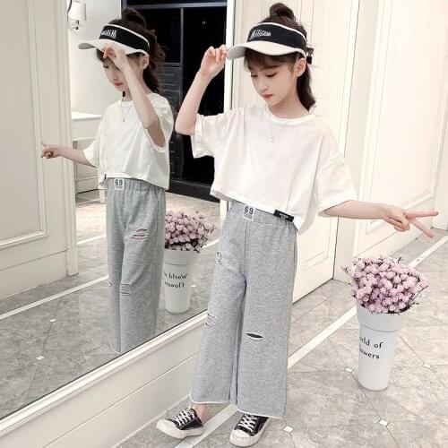 Teen Girls Cotton Clothing Set Crop Top And Wide Leg Pants Fashion Hole Ripped Loose Trousers Summer Children Casual Outfit Suit