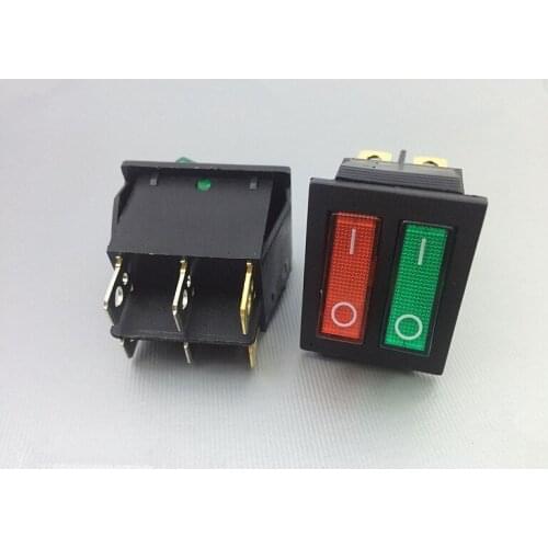 Red Green Illuminated SPST ON/OFF Two Position 2 Gang Boat Rocker Switch 6 Pin KCD8 212N