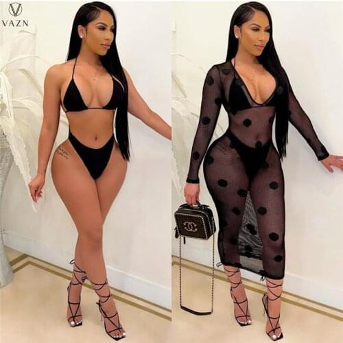 VAZN 2021 Summer Mesh Fabric See Through Swimming Bikini Bodycon Sexy Bandage Beach Suits 3 Piece Set Women Top And Pant