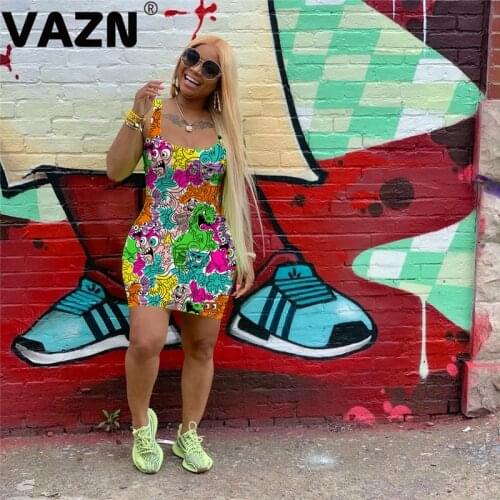 VAZN 2020 Summer Hot Plus Size Cartoon High Street Fancy Sexy Soft Joker Tank Sleeve High Waist Women Joker Thin Mini Dress