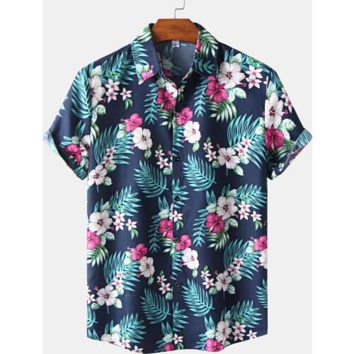 Mens Hawaiian Shirts Ethnic Style Floral Printed Short Sleeve Button Down Casual Beach Shirts for Men Blouse Tops Chemise
