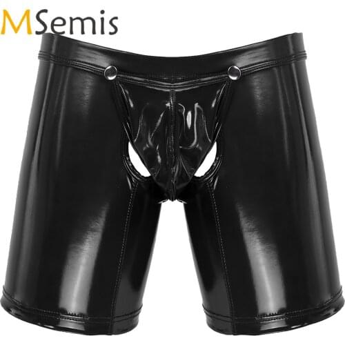Mens Wet Look Patent Leather Low Rise Boxer Briefs Male Lingerie Open Butt Underwear Removable Bulge Pouch Shorts Underpants