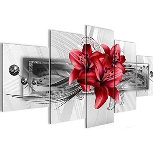 5 Piece Diy Diamond Painting Red Lily Cross Stitch Kits Full Drill Square Round Mosaic Embroidery Flower Multi Panel A2436