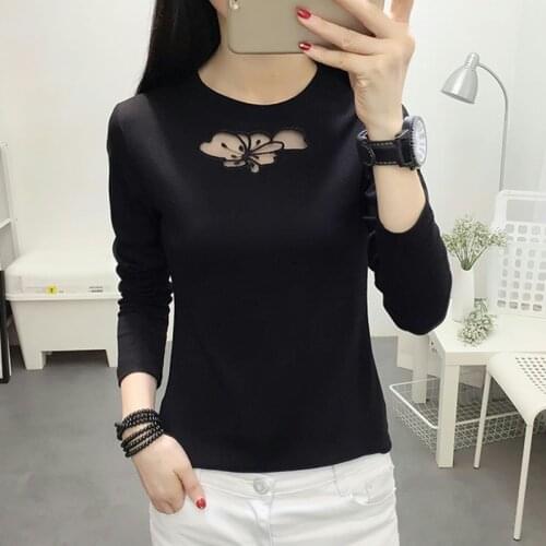 Solid Hollow Out T-shirts O-Neck T Shirt Womens Long Sleeve Women-clothing Autumn Cotton Slim Top Femme Korean Fashion Tees 2021