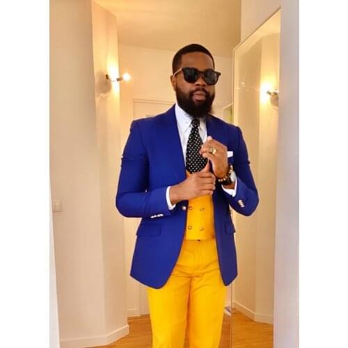 Jacket+Pants+Vest) Royal Blue Slim Fit Costum Peak Lapel One Buttons Wedding Man Suit 3 Piece Formal Man Blazer Custom Made