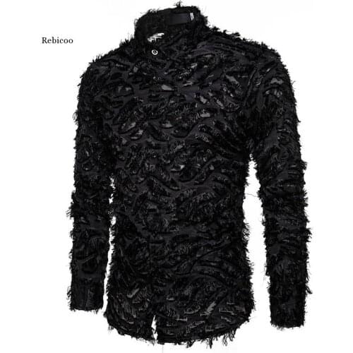Sexy Black Feather Lace Shirt Men Fashion See Through Clubwear Dress Shirts Mens Event Party Prom Transparent Chemise S-3Xl