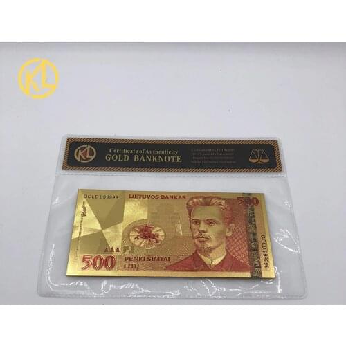 Plastic 24k Gold Foil Bank Note Currency Republic of Lithuania 500 Litas Gold Color Banknote With COA Frame for Collection