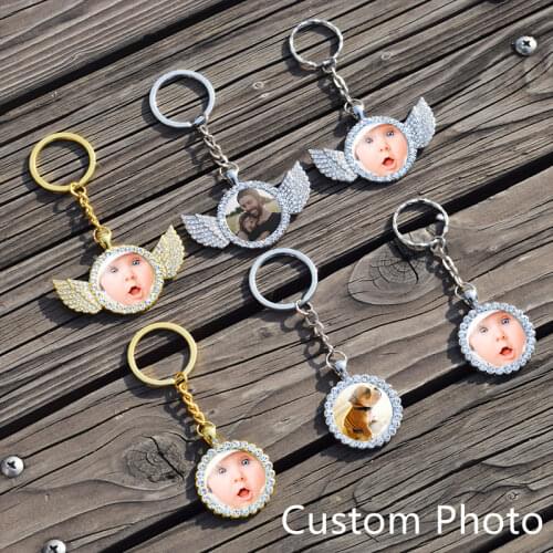 Custom Keychain Customize Photo Company Logo Text Key Chain Personalized Rhinestone Glass Dome Pendant Key Rings Gift