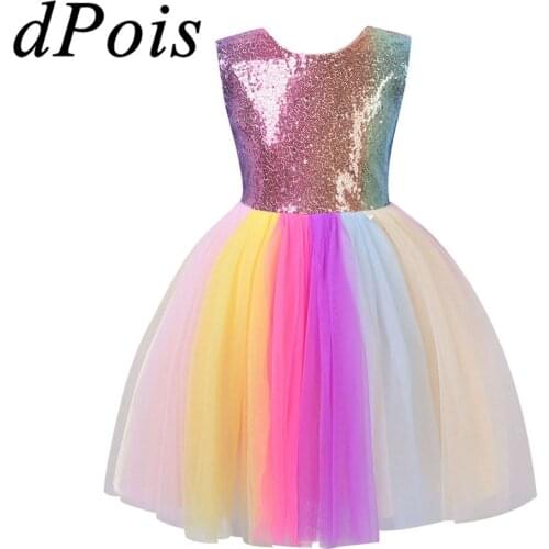 Girl Rainbow Mesh Tutu Dress Cosplay Princess Costume Sequin Sleeveless Colorful Birthday Dresss Children Prom Party Dance Wear