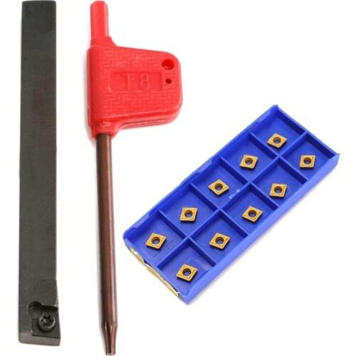 10pcs High Strength CCMT060204-HM Carbide Inserts & 1pc SCLCR0808F06 Lathe Turning Tool Holder 80mm Boring Bar with Wrench