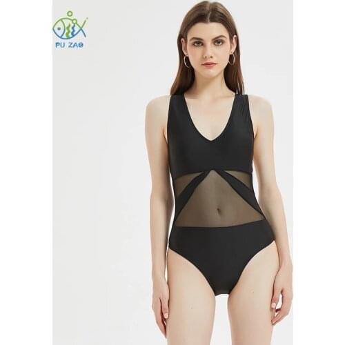 Sexy One Piece Women Swimsuit Classic Black Mesh Insert Deep V High Waist Push Up Padded Bathing Suit 2021 Summer
