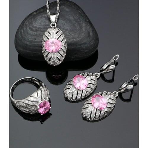 Egg Shape Stones 925 Silver Jewelry Sets For Women Pink Cubic Zirconia Drop Earrings Ring Pendant Necklace Set
