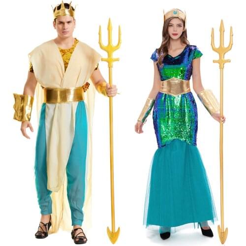 Umorden Women Sea Siren Mermaid Queen Costume Mens Poseidon Costumes Fantasia Halloween Purim Carnival Mardi Gras Dress up