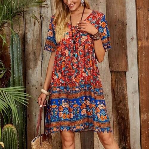Summer Women Dress 2021 Print Color Vintage Short Sleeve Casual Loose Style Chiffon Female Vestido Bohemian Holiday Robe C2920
