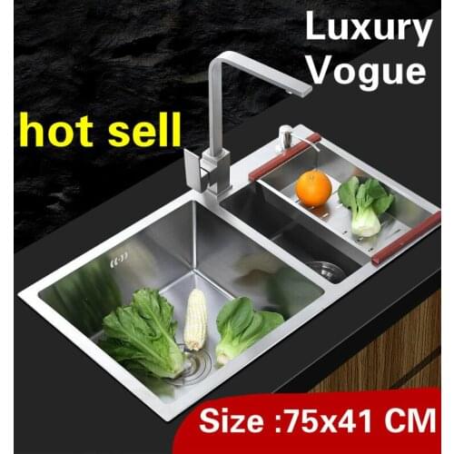 Free shipping Home wash vegetables 304 stainless steel luxury kitchen manual sink double groove hot sell 75x41 CM