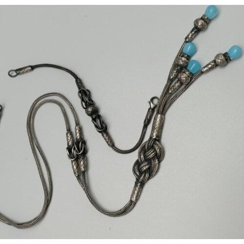 Trabzon Kazaz Bracelet and Necklace hand-knitted oxidized 1000 sterling silver with the pendant with blue stoned beaded tassels