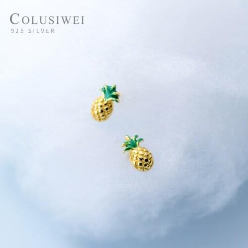 Colusiwei Summer Enamel Pineapple Stud Earrings Genuine 925 Sterling Silver Gold Color Fruit Ear Stud Women Statement Jewelry