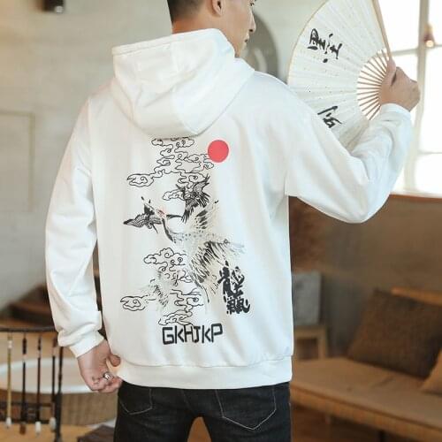 MrGB Chinese Style Crane Graphic Men Hoodie Oversize Vintage Fashion Male Hooded Sweatshirt Hip Hop Streetwear Mens Clothing